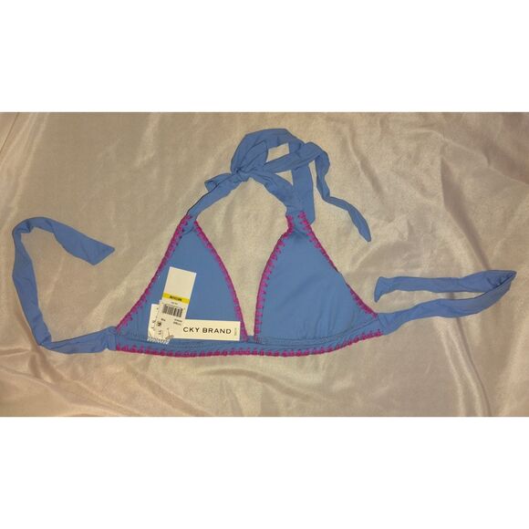 NWT Lucky Brand Marbella Halter Bikini Top Size Medium Blue Shell Stitch Trim - Picture 2 of 6